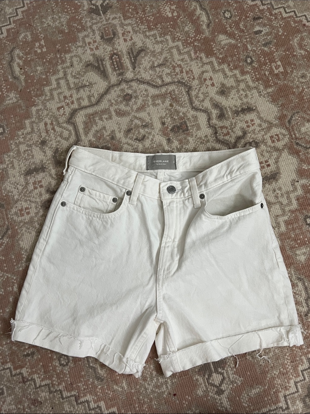 Everlane - The Denim Short - Off-White High-Rise Rolled Hem Denim Shorts